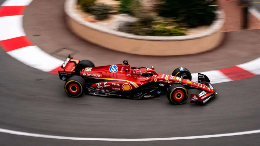 Charles Leclerc going around the hairpin turn.